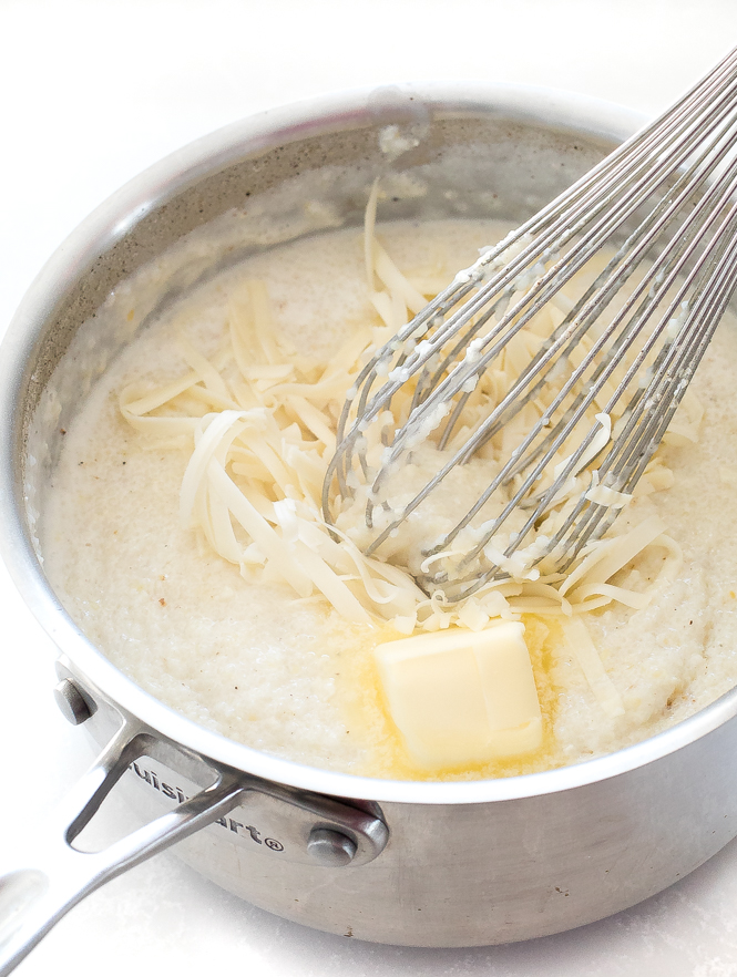 Creamy Shrimp and Grits 17 adding cheese and butter to grits