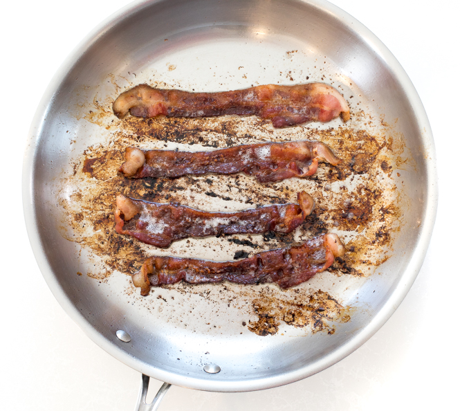 Creamy Shrimp and Grits 18 browning bacon in silver pan