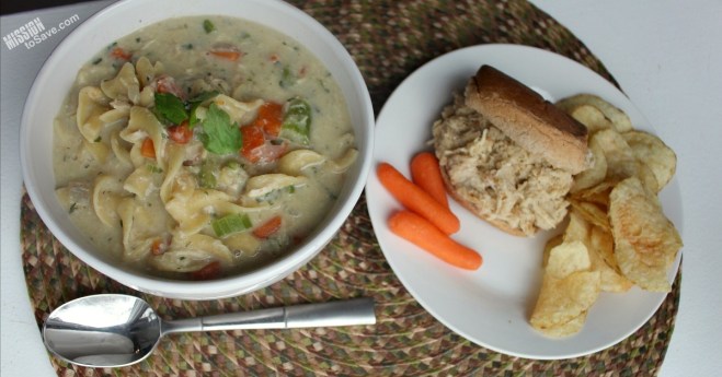 Shredded Chicken Sandwich and Chicken Noodle Soup