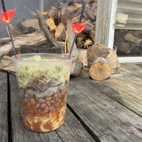 BBQ Sundaes with Leftover Pulled Pork 10 clear quart cup layered with mac, beans, pork, slaw with 2 lit sparklers