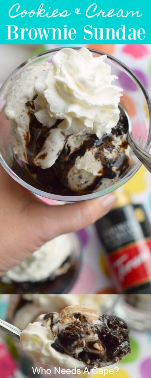cookies & cream brownie sunday in glass with spoon held in hand