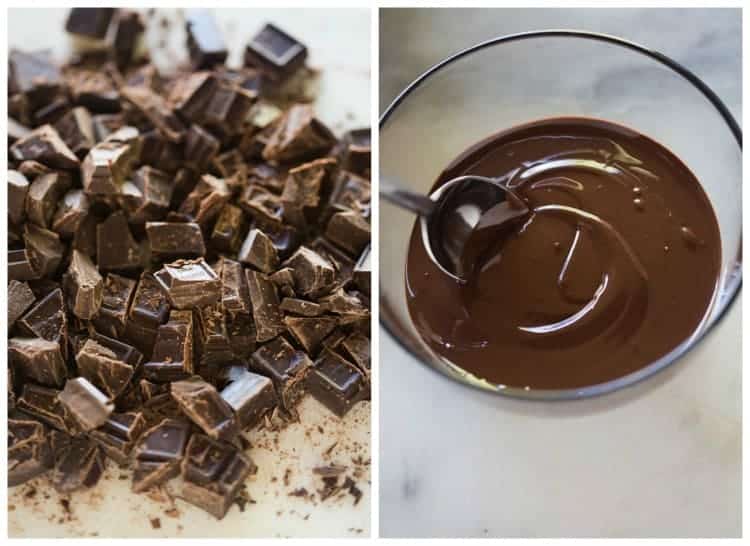 Hot Fudge Sauce 8 Side by side photos with the first of chopped chocolate and the other of a glass bowl with melted chocolate and a spoon.