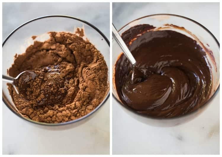 Hot Fudge Sauce 9 Side by side photos of glass bowls with melted chocolate with cocoa powder in it.