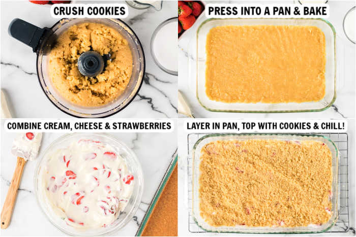 These strawberry crunch bars are easy to make and very delicious! This no bake strawberry crunch bars recipe with cookies is perfect for any occasion. These strawberry cookie bars are simple to make. You are going to love these strawberry crumb bars! #eatingonadime #easydesserts #strawberrydesserts 