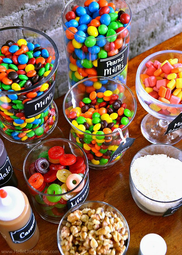 An overhead photo of the toppings on a wood table.