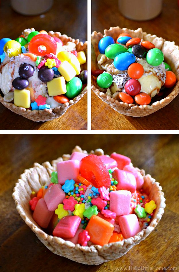 Collage of three different sundae topping ideas.