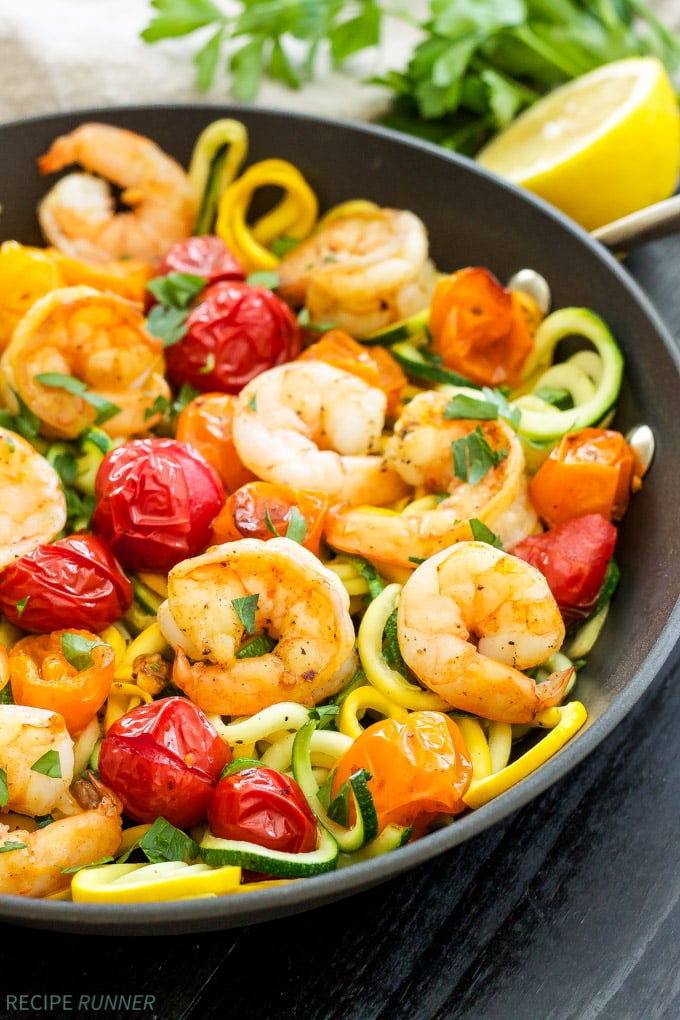 Roasted Tomatoes with Shrimp and Zucchini Noodles | One of my favorite, easy to make dinners! Simple ingredients, gluten-free, Paleo and Whole30 compliant!