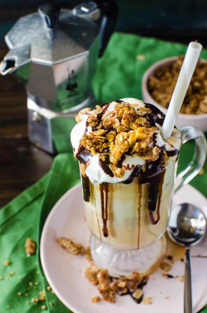 Coffee Affogato Ice Cream Sundae (Caramel Coffee Cake Flavor) 15 Coffee Affogato Ice Cream Sundae with Chocolate Fudge and Crunchy Coffee Streusel - Inspired and made with caramel coffee cake flavored coffee from Dunkin' Donuts! It's a cup of coffee with a side of delicious indulgence. #DunkinAtHome