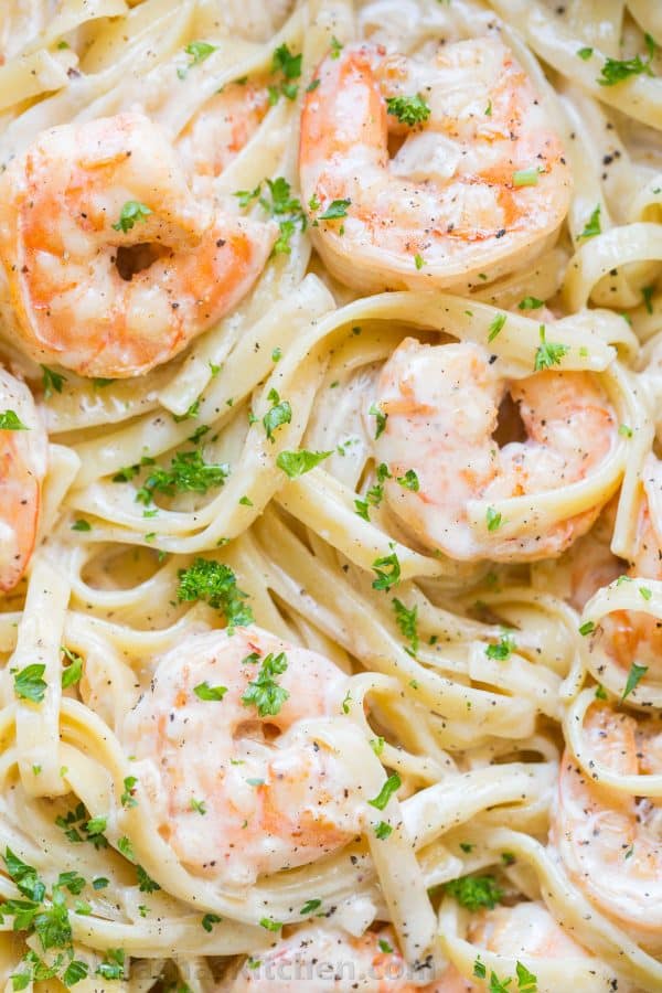 Creamy Shrimp Pasta Recipe (VIDEO) - http://heyreviewfood.com 8 Creamy Shrimp Pasta reminds me of my favorite dish at Olive Garden with plump juicy shrimp and the easiest alfredo sauce. Rave reviews on this shrimp pasta! | natashaskitchen.com