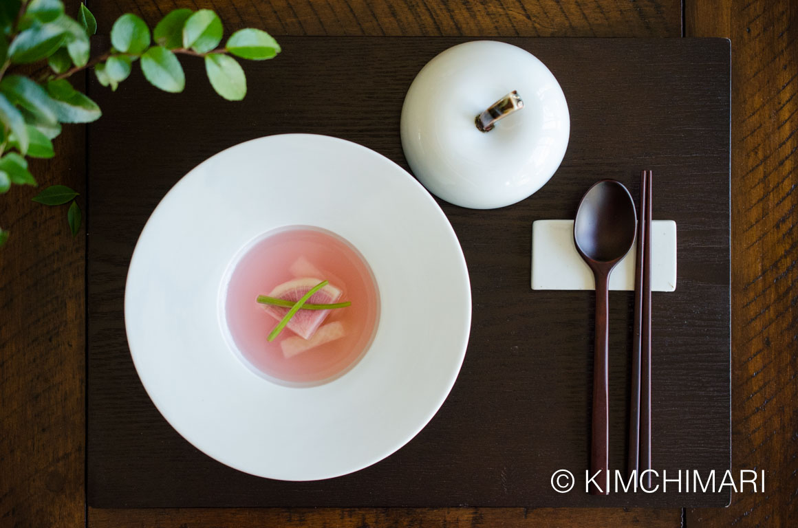 Water Kimchi (물김치 Mul Kimchi) with Watermelon Radish 13 Mul Water Radish Kimchi