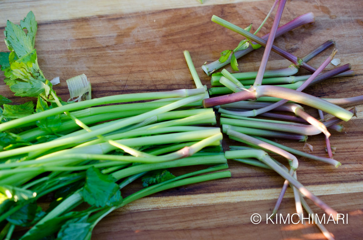 Water Kimchi (물김치 Mul Kimchi) with Watermelon Radish 16 Water dropwort minari - discard the thick fibrous bottom parts