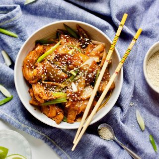 Easy Stir Fry Kimchi & Pork Belly 11 Over head shot of the stir fry kimchi and pork belly in a bowl.