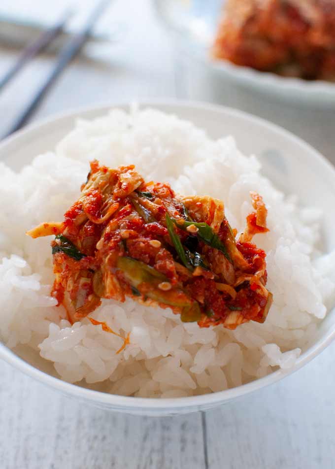 Simple Kimchi Recipe 16 Kimchi on a bowl of rice.