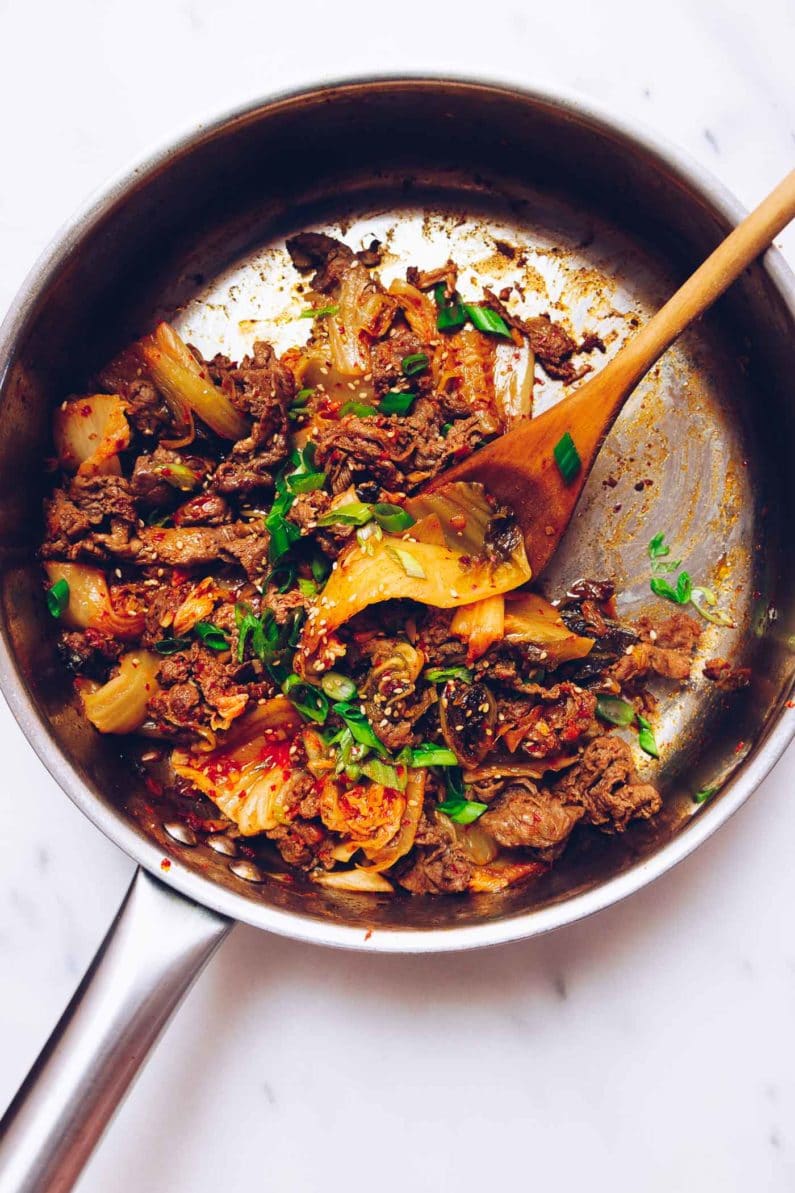 Paleo kimchi beef stir-fry recipe with shaved beef steak from I Heart Umami.