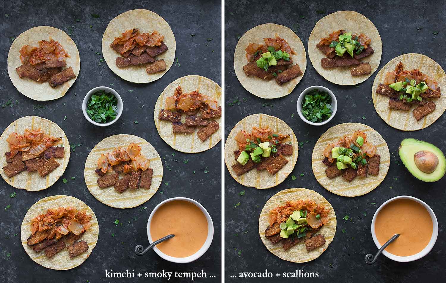 Kimchi Tacos with Gochujang Aioli 8 Kimchi tacos being assembled.