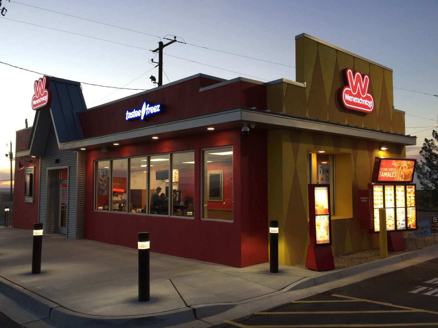 Wienerschnitzel franchise storefront at sunset