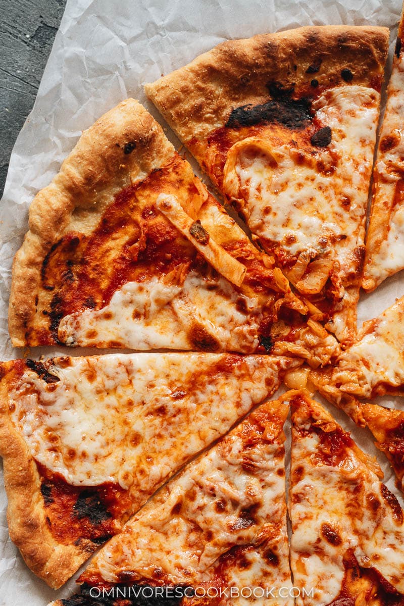 Easy Kimchi Pizza 14 Pizza with hot sauce and mozzarella