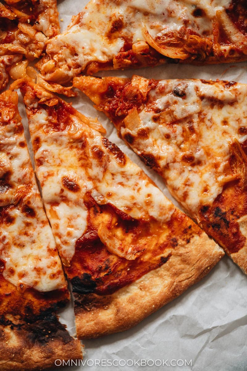 Easy Kimchi Pizza 15 Pizza with hot sauce and mozzarella close-up