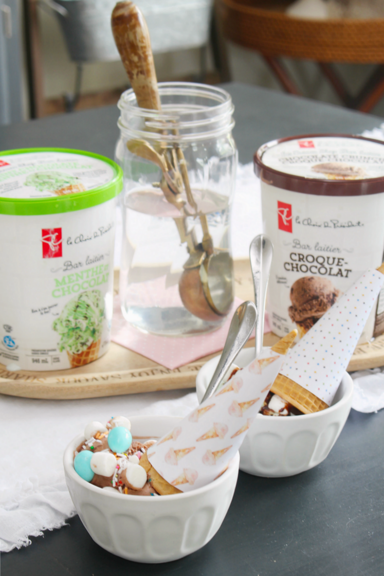 Ice Cream Sundae Bar Printables 40 Ice cream sundae bar with free printable ice cream cone wrappers.