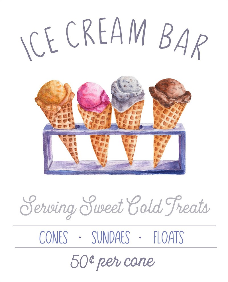 Ice Cream Bar free summer printable with ice cream cone stand.
