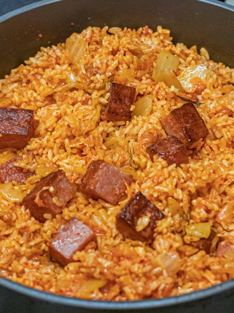 Kimchi Fried Rice with Spam 31 Kimchi fried rice with spam stir fried in a nonstick pan