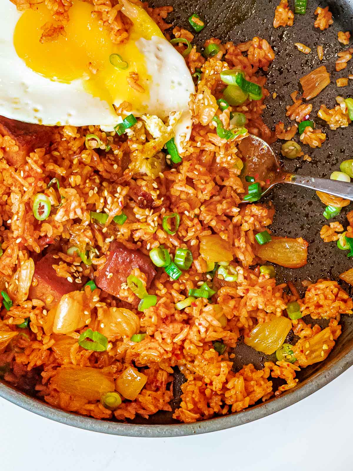 Kimchi Fried Rice with Spam 39 overhead of kimchi spam fried rice and a fried egg