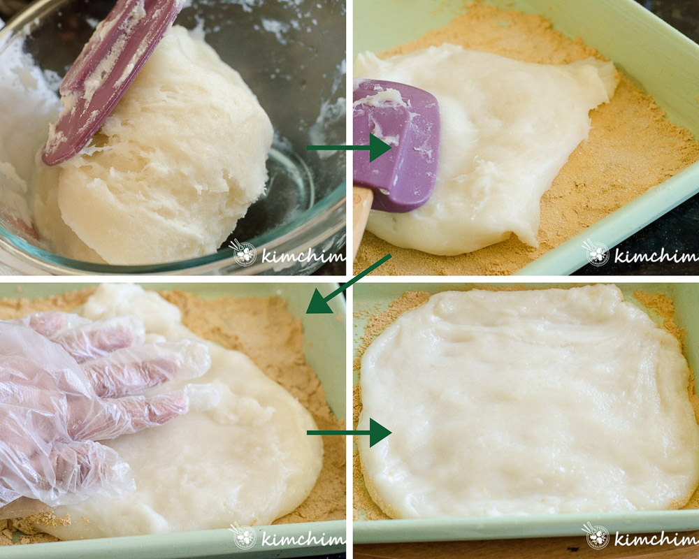spreading out injeolmi with hands in pan