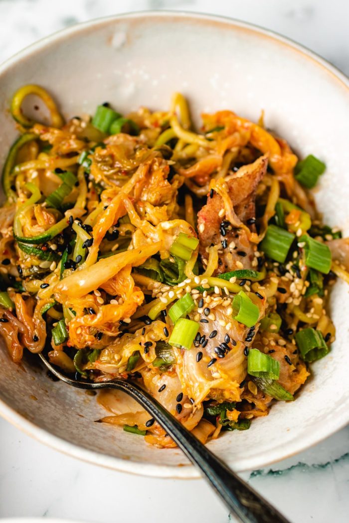 Kimchi Chicken Stir-Fry Noodle Bowl - I Heart Umami® 15 Individual serving in a white bowl