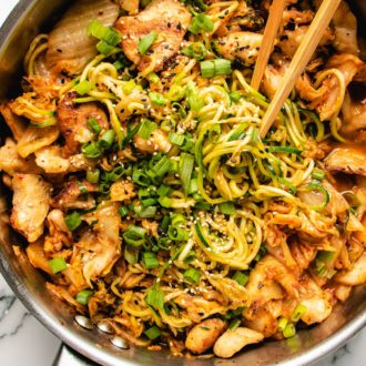 Kimchi Chicken Stir-Fry Noodle Bowl - I Heart Umami® 17 Kimchi and Chicken Stir-Fry with Zucchini Noodles in a big skillet