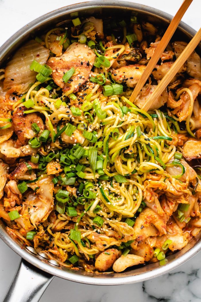 Kimchi Chicken Stir-Fry Noodle Bowl - I Heart Umami® 16 A super close shot shows the texture of the dish