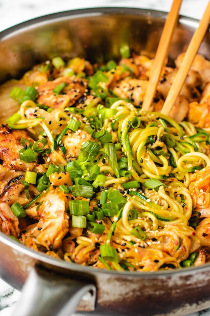 Kimchi Chicken Stir-Fry Noodle Bowl - I Heart Umami® 14 a side photo shows the finishing dish