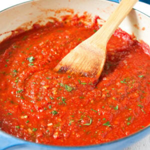 Shrimp in Red Sauce Recipe 22 Homemade tomato sauce in large skillet.