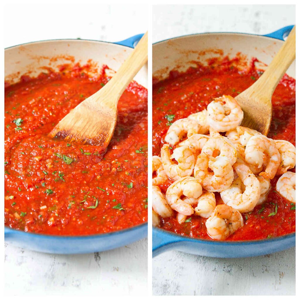 Shrimp in Red Sauce Recipe 16 Large skillet with homemade tomato sauce and cooked shrimp.