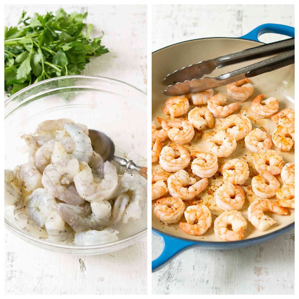 Shrimp in Red Sauce Recipe 15 Raw shrimp in glass bowl and cooked shrimp in large skillet.