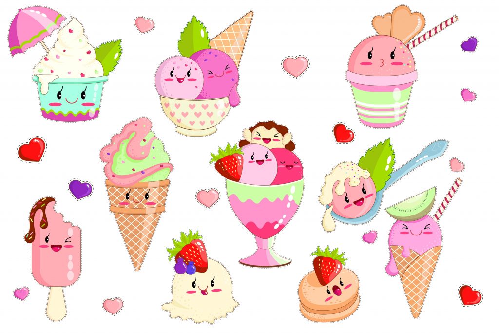 Ice Cream in Waffle Cones, Dish, Spoon, Ice Lolly in Kawaii Style with Pink Cheeks and Winking Eyes Flat Cartoon Vector Illustration. Taste with Strawberry, Kiwi, Grapes. Smiling Characters.