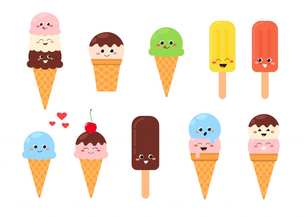 Collection of funny cheerful ice cream cartoon characters. Vector illustration isolated on white background