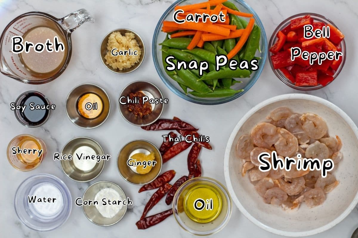 Shrimp with Garlic Sauce (Quick & Easy Chinese Take-out Stir Fry) 14 Shrimp with garlic sauce ingredients with labels.
