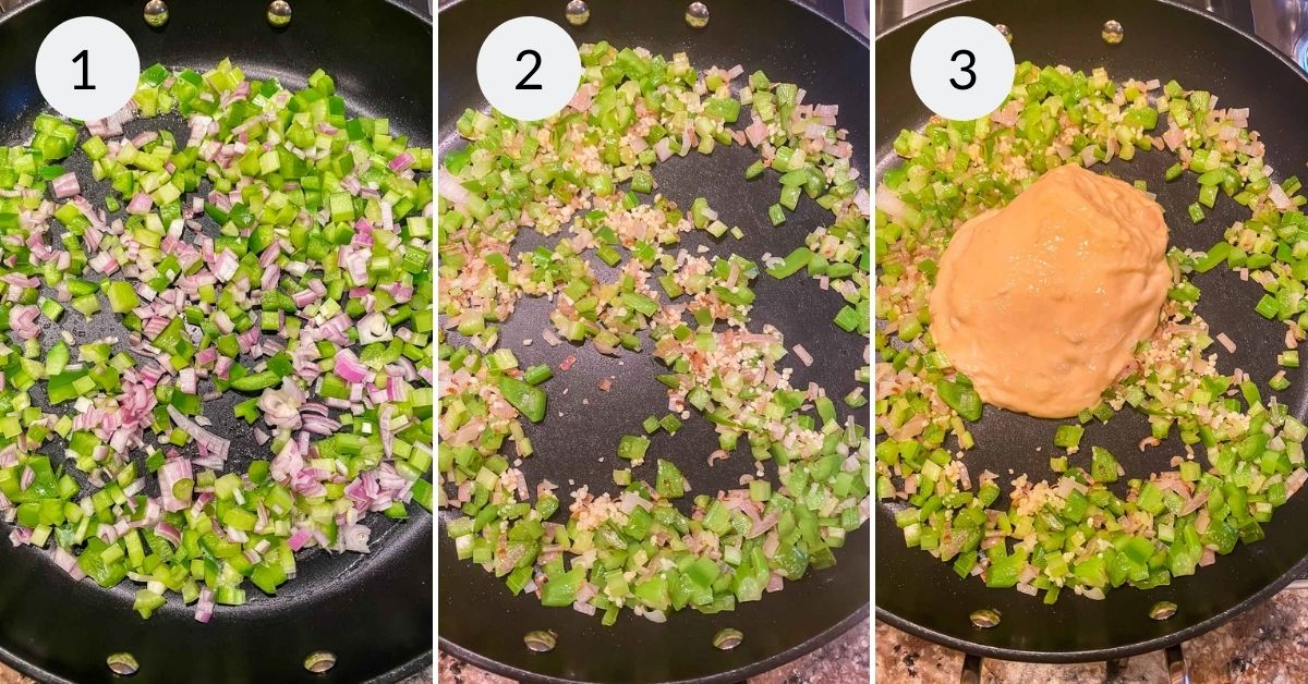 A cast iron skillet with vegetables, then the soup being added to the dish.